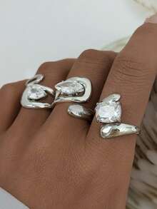 3pcs/1pc Minimalist Silver Zirconia Design Stainless Steel Rings, Accessories, Jewelry For Women, Suitable For Summer Wear - Silver - View 2
