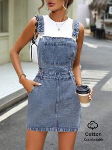 Women's Casual Versatile Denim Pocket Suspender Mini Dress