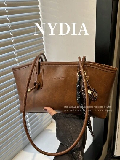 1个咖啡棕色绗缝拉链PU纯色保龄球包，大容量手提包，新款时尚复古单肩包，适合女性日常使用，秋冬季