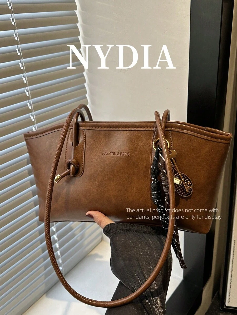 1个咖啡棕色绗缝拉链PU纯色保龄球包，大容量手提包，新款时尚复古单肩包，适合女性日常使用，秋冬季 - 棕色 - 查看 1