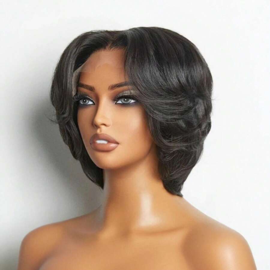 Peruka z koronką 4x4 z przodu, krótka peruka dla kobiet, włosy ludzkie, peruki bezklejowe, nałóż i idź, peruka Pixie Cut z ludzkich włosów, wstępnie wyrwane, wstępnie przycięte, peruka 4x4 z koronką z przodu, załóż i idź, warstwowa peruka typu bob na Halloween, do codziennego użytku