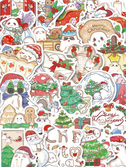 50pcs Christmas Ghost Spooky Boo Cute Cartoon Stickers Waterproof PVC DIY Decorative For Teens Boy Girls Kids Stickers Decals Car Bumper Water Bottle Phones, Skateboards, Laptops Notebooks Pack For Party Supplies School Season Students Rewards Xmas Gift