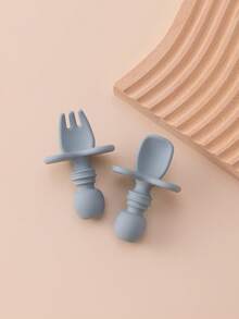 2PCS Personalized Customization Name Baby Silicone Spoon Fork Solid Color Kids Utensils Feeding Training Stuff Soft Print On Demand Baby Tableware - Multicolor - View 18