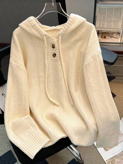 秋冬简约纽扣连帽套头衫，休闲宽松学院风