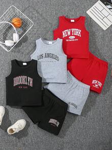Bhchntiy 3件組男孩夏季新款 Brooklyn & 英文字母素色背心上衣與3件休閒時尚短褲 - 彩色 - 查看 3
