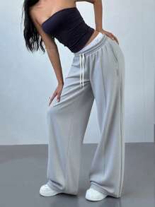 1 pieza Pantalones de mujer de unicolor con cordón, casuales, aptos para primavera/otoño, todas las estaciones, con bolsillos, pantalones deportivos de primavera
