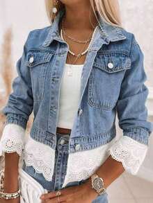 Plus Size Women's Fashion Lace Trim Cropped Denim Jacket, Patchwork Lace Casual Denim Top. - 藍色 - 查看 2