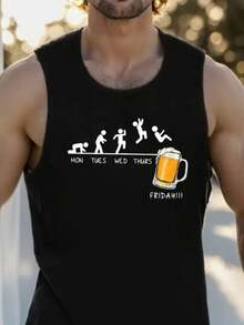 Men's Casual Comfortable Custom Printed Tank Top, Summer Style, 100% Cotton - 黑色 - 查看 2