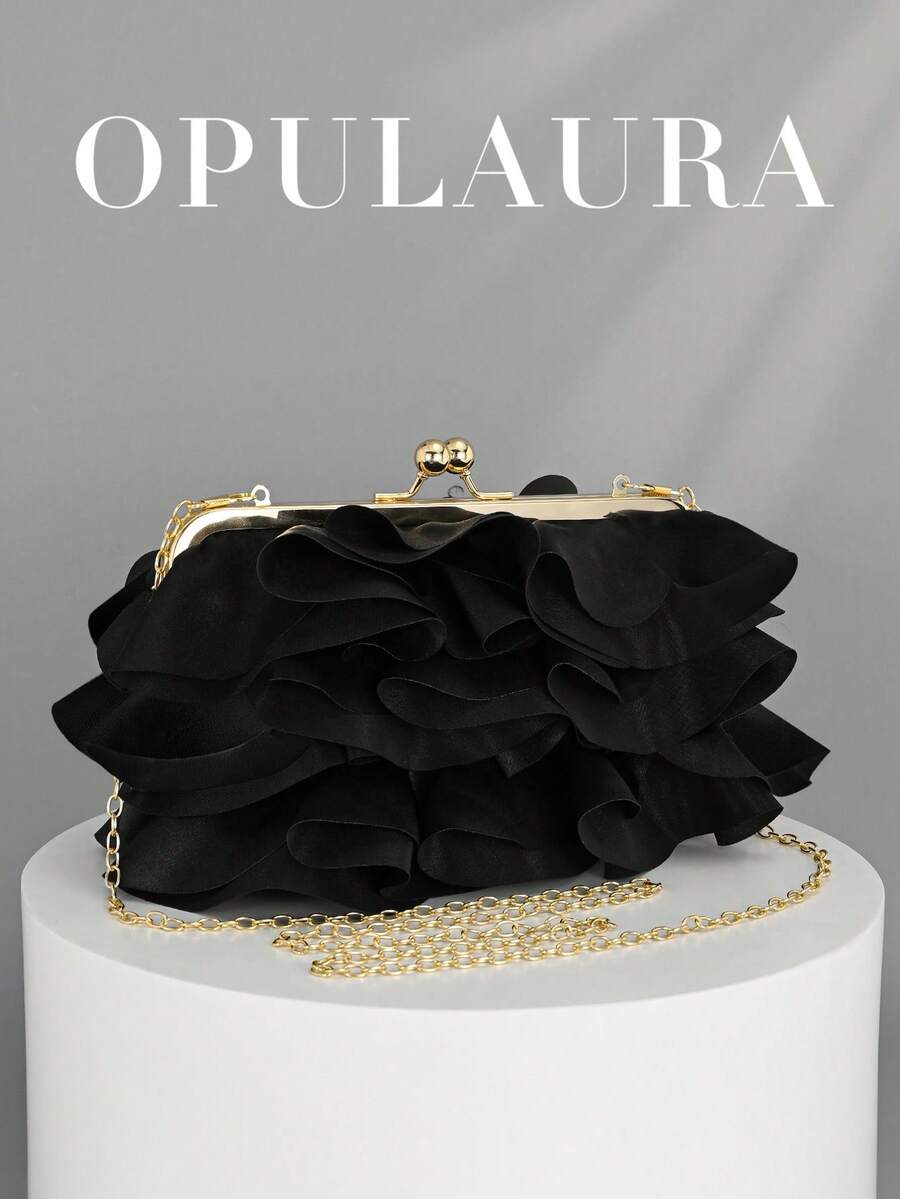 OpulAura 女士优雅迷人花瓣宴会手拿包，褶边设计晚礼服手提包，适合婚礼/度假/正式派对/舞会，配有链式肩带，花瓣形状随机 - 黑色 - 查看 1