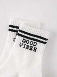 1/5/10/20双装儿童袜子，经典黑/白/灰三色可选，字母“Good Vibes”/双横心/简约人脸图案，亲肤柔软舒适透气，时尚休闲运动中筒袜，适合返校、假期、送礼、学生、户外运动、旅行、日常搭配，颜色随机发货 - 彩色 - 查看 3