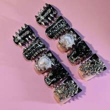 Y2K BEGAVET New 10pcs Duck Nails Handmade Salon Quality Press On Nails Black Punk Nails Exclusive Design 3D Nails With 3D Charms, Suitable For Valentine, New Year Parties/Music Festival And Daily Wear - màu đen - Xem 5
