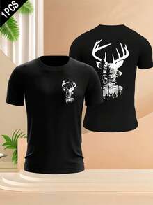 Deer Forest Graphic Tee Mens , Men's Double-Sided Printed Fashionable Casual Crew Neck 220gsm Pure Cotton T-Shirt(1 PC) - 黑色 - 查看 1