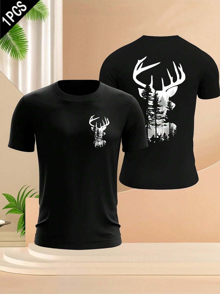 Deer Forest Graphic Tee Mens , Men's Double-Sided Printed Fashionable Casual Crew Neck 220gsm Pure Cotton T-Shirt(1 PC) - 黑色 - 查看 1