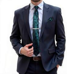 Silk Floral Necktie Set With Tie Clip, Handkerchief & Cufflinks - Black and Teal - View 11