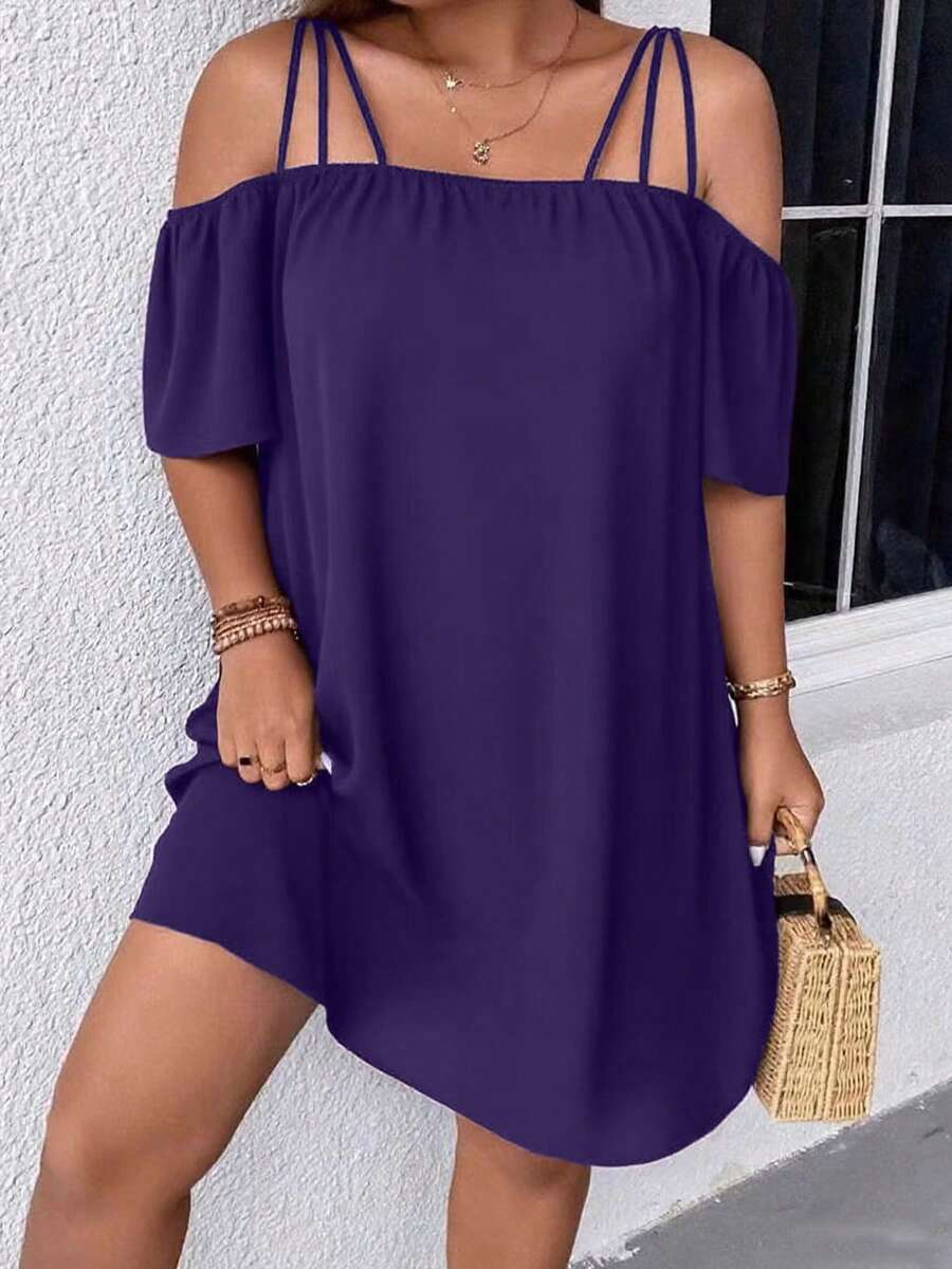 Đầm nữ cỡ lớn màu trơn, trễ vai, tay ngắn, dáng rộng, thanh lịch, thích hợp cho mùa hè. - Màu tím - Xem 1