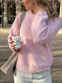 FOR BEAUTY Autumn/Winter Y2K Women's Pink Round Neck Long Sleeve Knit Hoodie, Loose Fit Sweet Fashion Street Date Commute Top Fall - Pink - View 6