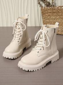 2025秋冬新款女鞋保暖女靴时尚百搭休闲女鞋真皮踝靴平底短靴系带侧拉链女靴经典款靴子