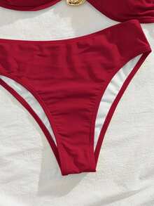 新款纯色软垫前金属装饰细肩带露背性感优雅派对比基尼套装，夏季沙滩时尚性感优雅女士比基尼度假 - 紅色 - 查看 6