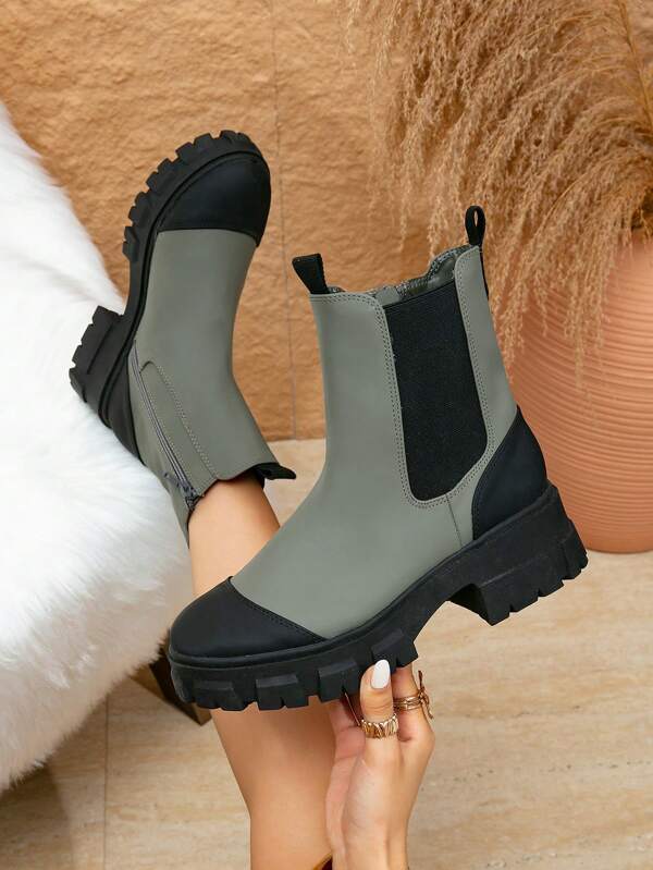 Women's Chelsea Ankle Boots, Thick Sole Platform Boots, Elastic Side Short Boots, Zipper Ankle Boots, Cargo Style Boots, Olive Green Leather Boots, Contrast Color Design Boots, Reinforced Toe & Heel Boots, British Style Casual Versatile Boots, Autumn/Winter Elevated, Commute Slimming, Casual Motorcycle Boots, Promotion Boots, Anti-Slip Work Boots, Color Block Patchwork Casual Minimalist Style, Vacation Style, Luxury Style, Outdoor, Office, Party, Spring/Summer/Autumn/Winter