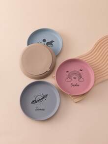 1件个性化定制姓名和图案儿童硅胶餐具圆形吸盘喂食训练儿童餐具纯色按需印刷食物储存 - 多色1 - 查看 5