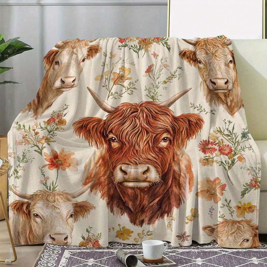 Cozy Floral Highland Cow Print Flannel Throw Blanket - Soft, Warm & Versatile For  , Adds A Modern Touch To Your Home, Creating A Comfortable Bedroom Style.   Suitable For All Seasons, Polyester,    Washable, Machine Washable, Lightweight, Breathable, Comfortable, Warm, Unique,280gsm, Suitable For Him And Her, Suitable For Napping, Camping, Traveling, Family, Daily Life Office Decoration, Birthday Anniversaries, Valentine's Day, Thanksgiving, Christmas, Halloween, Mother's Day, Father's Day, Weddings, New Year Gifts For Her, Him, Family, Boyfriend, Girlfriend Father, Family Member, Mother, Lover, Daughter, Son, Grandfather, Grandmother, Friend,  Classmate And Pet. Sofa,Bed,Car,Bedroom,Living Room,Office, Outdoor Camping, Beach,Wall Decoration Ships From USA - 多色3 - 查看 1