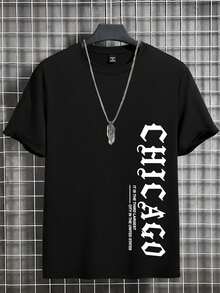 Manfinity LEGND Camiseta de manga corta de cuello redondo semitransparemte ligera con estampado de letras casual para hombres, camisetas de verano casuales vintage para hombres - Negro - Ver 1