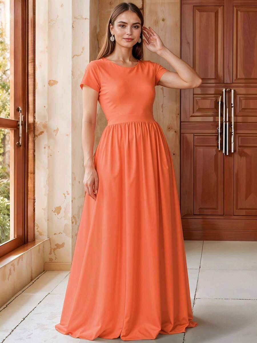 Vestido Largo de Cuello Redondo, Entallado de Manga Corta y Silueta Evasé Elegante para Mujer - Naranja - Ver 1