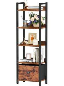 Estantería Alta de 5 Niveles con Cajón, Librero Estilo Industrial con Acabado Rústico, Mueble Organizador para Sala, Oficina o Recámara, Estantería para Libros y Decoración - 1 - Ver 4