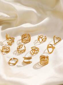 5/6pcs Stainless Steel 18K Gold Plated Minimalist Geometric Heart & Oval Line Open Rings, Suitable For Women Everyday Wear