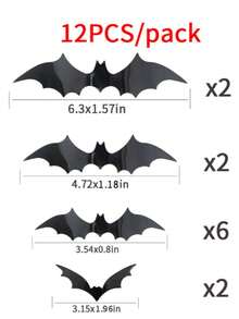 12 件蝙蝠装饰 - 3D 蝙蝠墙贴，4 种尺寸，可重复使用，适用于 DIY、浴室、酒吧、办公室、室内、万圣节派对用品、秋季家居装饰、圣诞节 - 黑色 - 查看 8