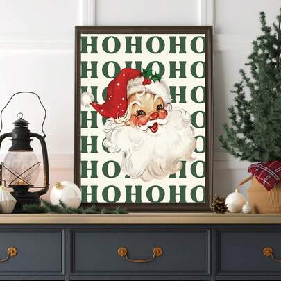 1 Santa Claus Print, Christmas Fireplace Decoration, "Ho Ho Ho" Christmas Slogan, Winter Poster, Printable Vintage Christmas Wall Art, Festive Bedroom Decoration, Canvas Wall Art, Room Poster, Home Decoration, Room Decoration Aesthetic, Room Decoration Supplies. Optional Frame Available Christmas Decorations