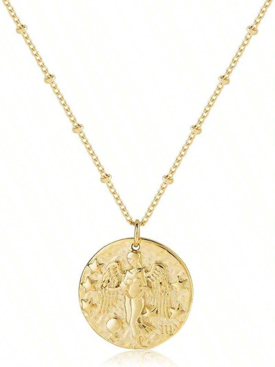 Zodiac Coin Embossed Choker Necklace Disc 12 Astrology Horoscope 14K Gold Plated Round Pendant Personalized Necklace Women Men - H 處女座(8月23日至9月22日) - 查看 1