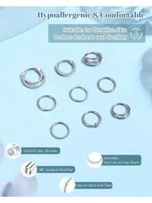 9 Pcs Hypoallergenic Septum Rings 16G Surgical Steel CZ Opal Clicker Hinged Nose Rings Hoop For Women Men Lip Conch Tragus Helix Daith Cartilage Earrings 8mm 10mm - Silver - View 2