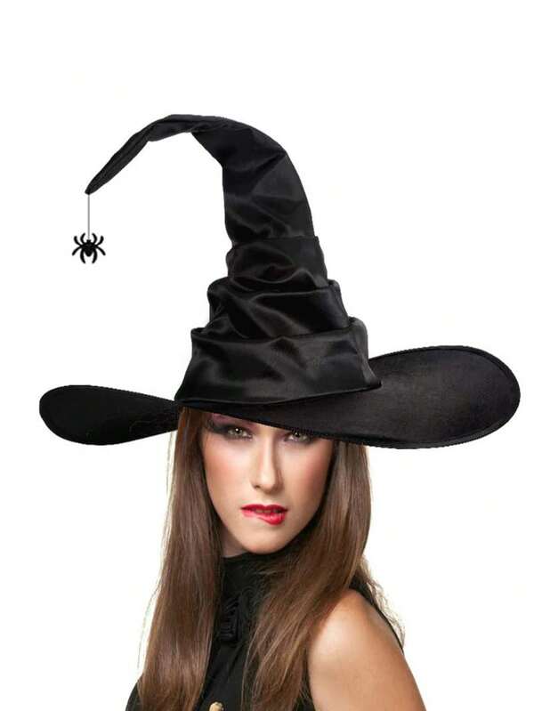 Cappello da strega per Ognissanti da donna, cappello nero plissettato con pendente a forma di ragno, cappello da festa con ruolo alto