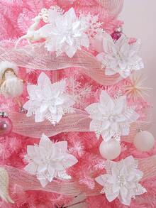 10/20pcs Shiny White Artificial Christmas Tree Decorative Flowers (With Clips), Christmas Tree Decorations, Wedding Decor, Holiday Party, Wall Decor Flowers, Golden Pine Leaves, Poinsettia, Gold/Red/Silver, 5.9 Inch, Clip-On (White) - White - View 3