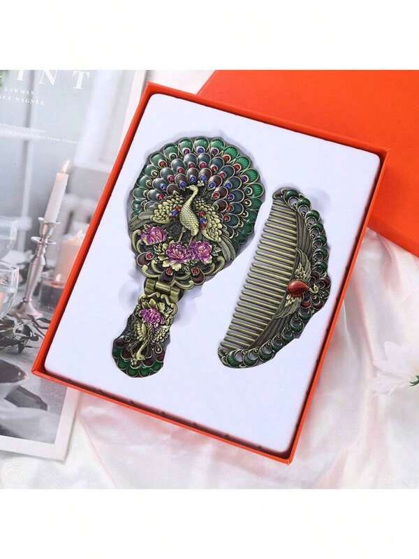 1 Set Of Mirror Combs, Retro Peacock Split Screen Handheld Makeup Mirror, Portable And Upright Desktop Ornament, Ins Style European Carved Decoration Mirror Comb Set