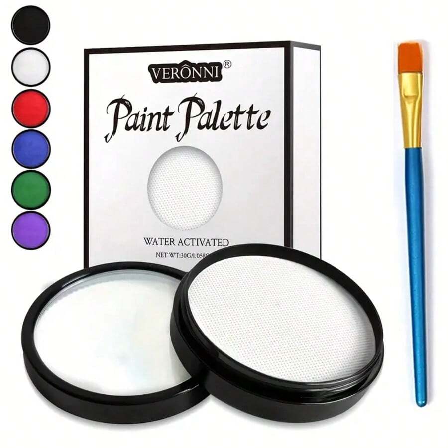 VERONNI 30g Water Activated Face And Body Paint With 1 Brush, Water Soluble Monochrome Face Painting Kit For Stage, Screen, Cosplay, And Halloween Makeup, Available In White, Black, Red, Green, Blue, Purple - 彩色 - 查看 1