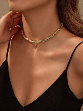 1 件 14K 金波西米亚风格串珠项链，适合女士，复古西部牛仔仿绿松石颈链，轻奢珠宝，适合婚礼、生日、母亲节、情人节礼物