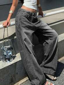 女士休闲宽松直筒牛仔裤，带口袋，百搭美式街头风，春季必备 - 淺灰色 - 查看 4