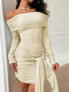 WOWDARK 黄色露肩长袖系带派对连衣裙，优雅夏日连衣裙，适合情人节、约会、聚会、派对、旅行、度假、海滩等场合。 - 黃色 - 查看 4