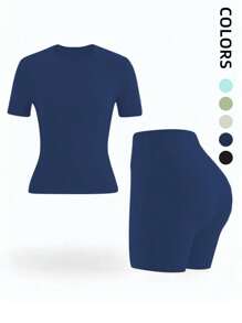 1 Piece Summer Women's Short Sleeve Sportssuit Suisder Top High Waist Yoga Shorts Quick Dry Set For Holiday, Travel Work, Sportswear, Women's Gym Sportswear