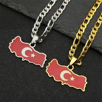 土耳其地图旗帜吊坠项链，男士不锈钢金银色可选，土耳其国家地图嘻哈风格饰品礼物