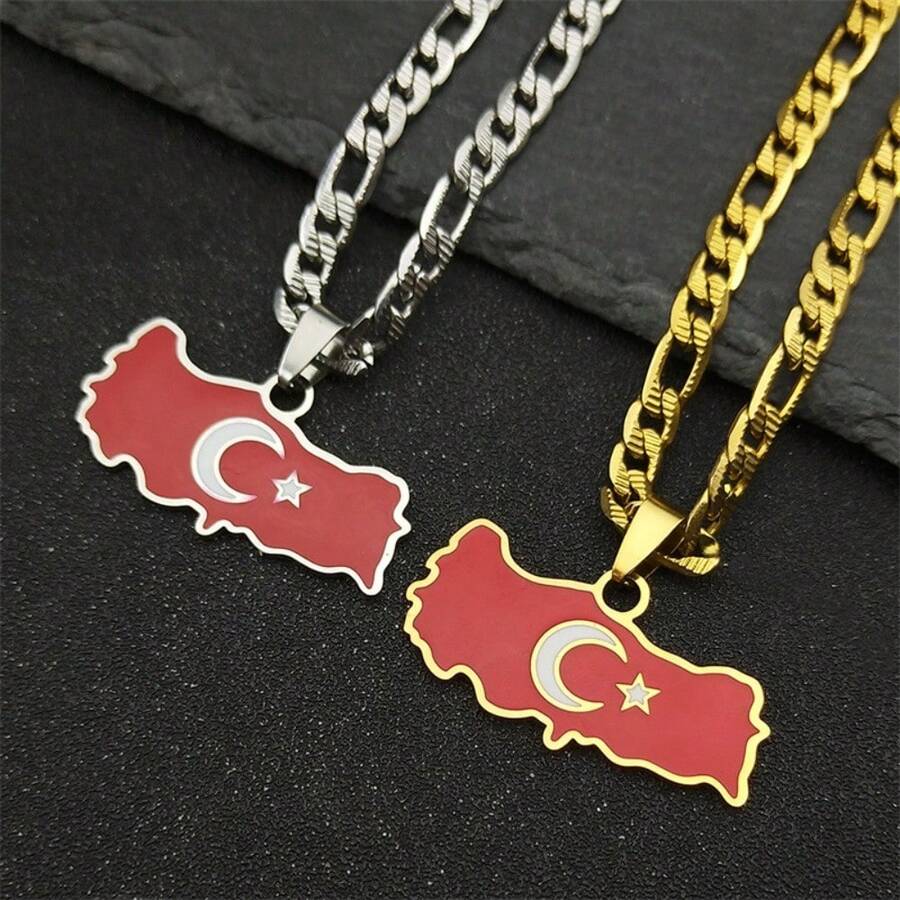 قلادة علم خريطة تركيا للرجال من الفولاذ المقاوم للصدأ باللون الذهبي والفضي، مجوهرات هيب هوب هدية لبلد تركيا - نجمة - مشاهدة 1