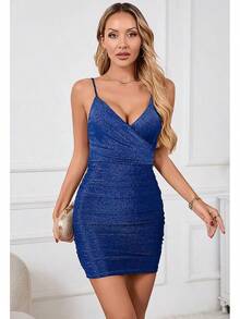 Women's Glitter Party Dresses Sexy V Neck Spaghetti Strap Faux Wrap Ruched Bodycon Sparkly Night Club Mini Dress Halloween Christmas New Year