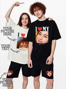 Customized 2 Pieces Set, White T-Shirt And Black Shorts, Casual, Loose, Streetwear, Sportswear, Vacation, Outdoor, Suitable For Couples, Family, Friends Birthday, Round Neck Graphic Tee And Drawstring Waist Shorts - White - View 2