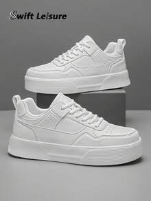 Men's Simple White Patchwork Lace-Up Skate Shoes, Fashionable Casual Sneakers For Everyday, Commuting & Walking, Unisex Athletic Shoes - White - View 2