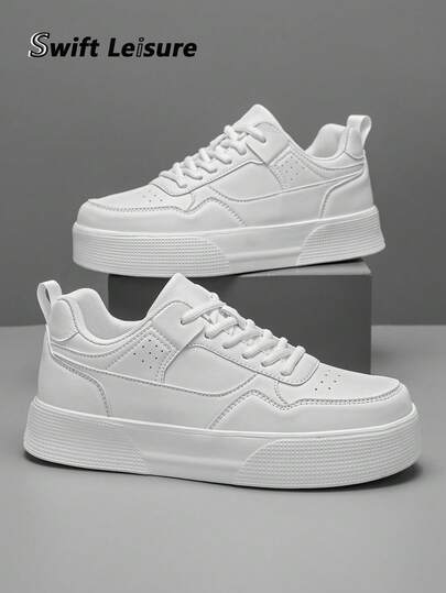男士简约白色拼布系带滑板鞋，时尚休闲运动鞋，适合日常、通勤和散步，男女通用运动鞋