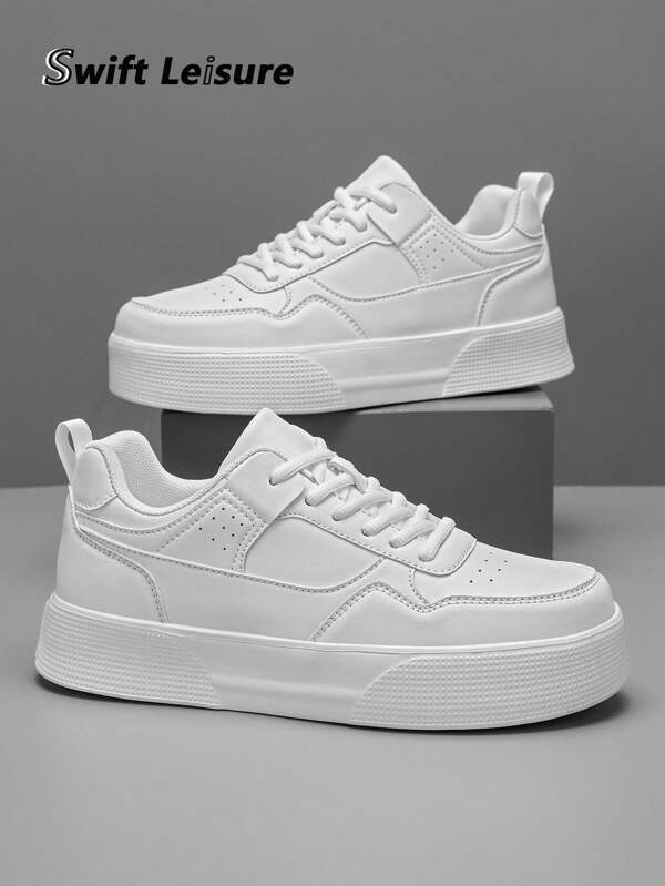 Men's Simple White Patchwork Lace-Up Skate Shoes, Fashionable Casual Sneakers For Everyday, Commuting & Walking, Unisex Athletic Shoes