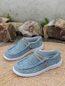 Women's Loafers, Casual Holiday Style, Four Seasons Style, Indoor And Outdoor, Solid Color Pattern, Versatile, Light And Comfortable, Round Toe, Elastic Laces, Easy To Put On And Take Off Flat Shoes - 藍色 - 查看 4