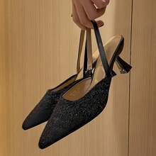 Women's Pointed Toe Glitter High Heels For Party Occasions - Black - View 3